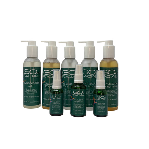 All 8 bottles of GO2 Facial products on a white surface
