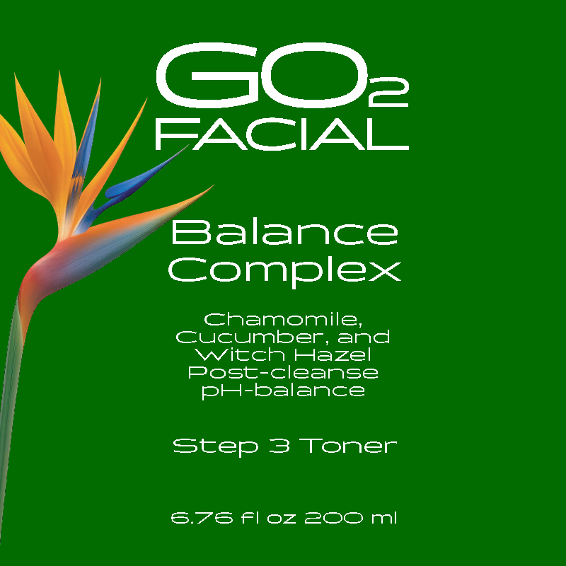 GO2 Facial Balance Complex packaging with a bird of paradise flower on a green background