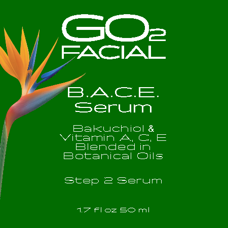 GO2 Facial B.A.C.E. Serum label with botanical design on a green background