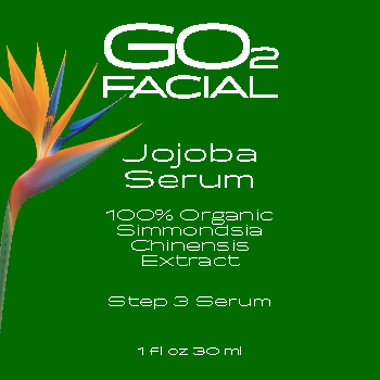 GO2 Facial Jojoba Serum label with a bird of paradise flower on a green background