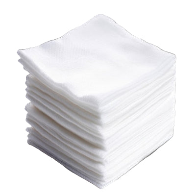 Stack of white 4x4 gauze pads on a white background