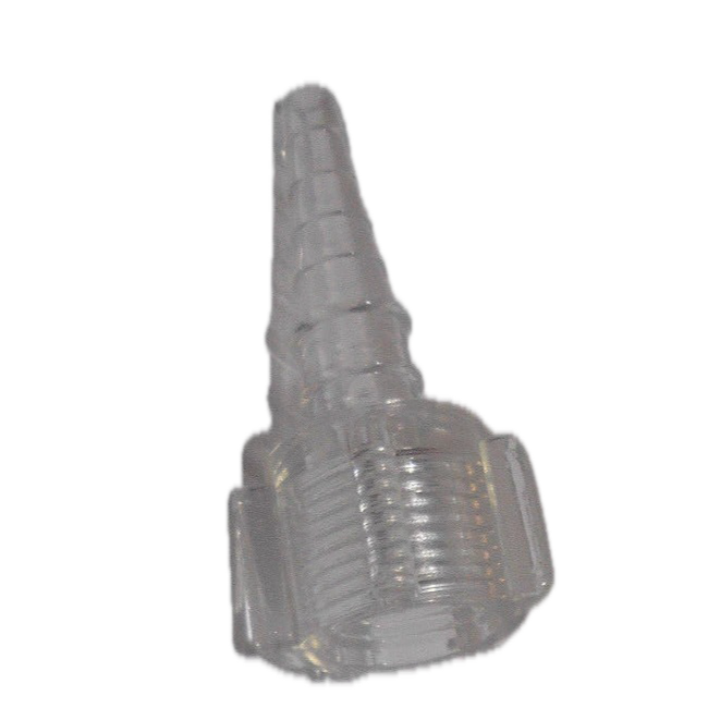 Clear plastic hose fitting on a white background